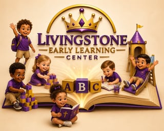 Livingstone Early Learning Center logo showing diverse children in purple uniforms around an open book with ABC blocks and a golden crown.