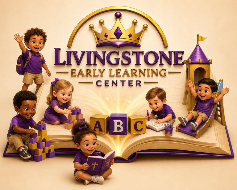 Livingstone Early Learning Center logo showing diverse children in purple uniforms around an open book with ABC blocks and a golden crown.
