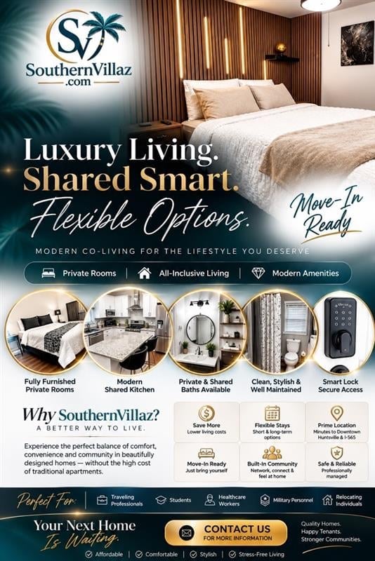Southern Villaz luxury co-living advertisement featuring a modern bedroom with amenities and move-in ready options for shared smart living