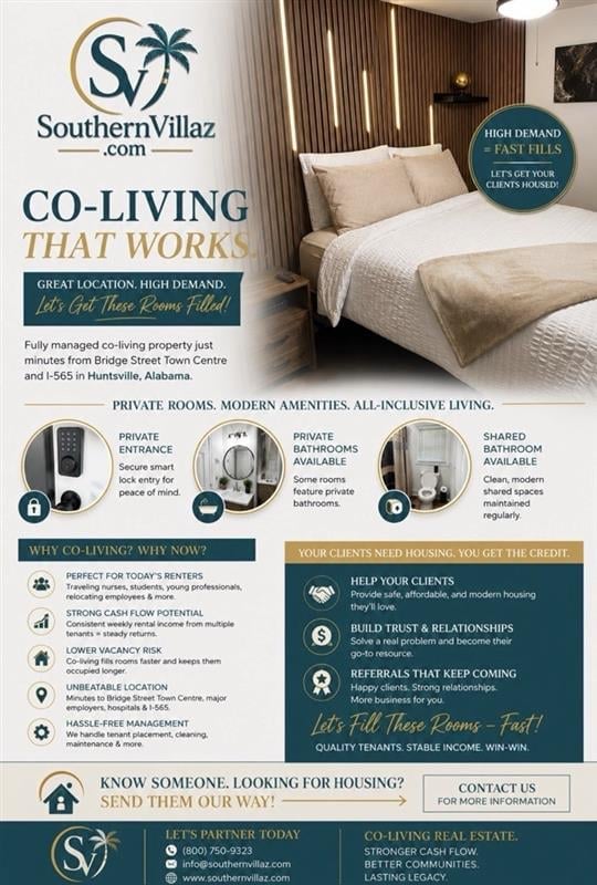 SouthernVillaz co-living property marketing flyer showcasing modern bedroom and listing amenities like private entrances, bathrooms, and all-inclusive housing in Huntsville, Alabama